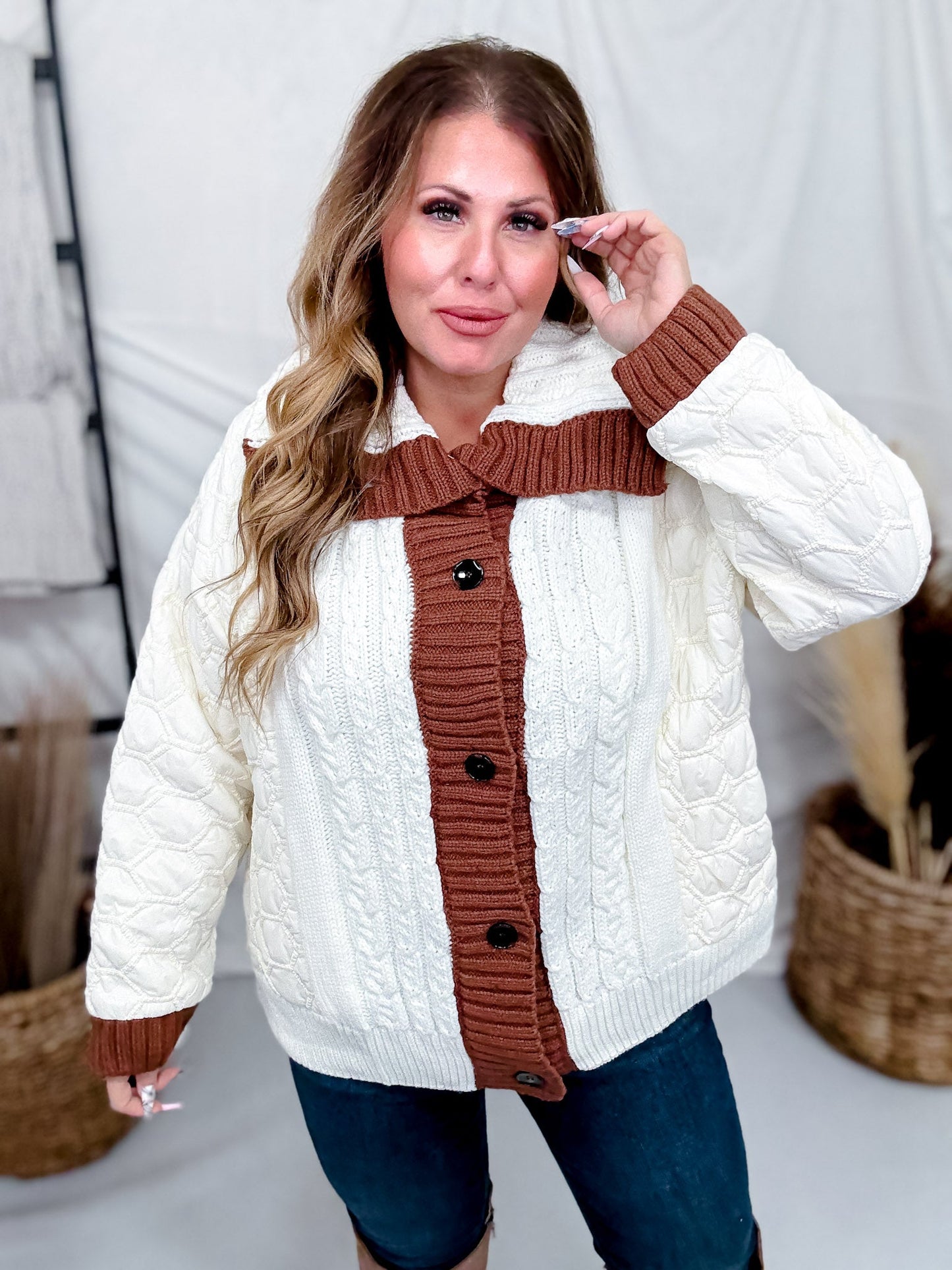 Quilted Puff Jacket With Cable Knit Front - Whiskey Skies - SEW IN LOVE