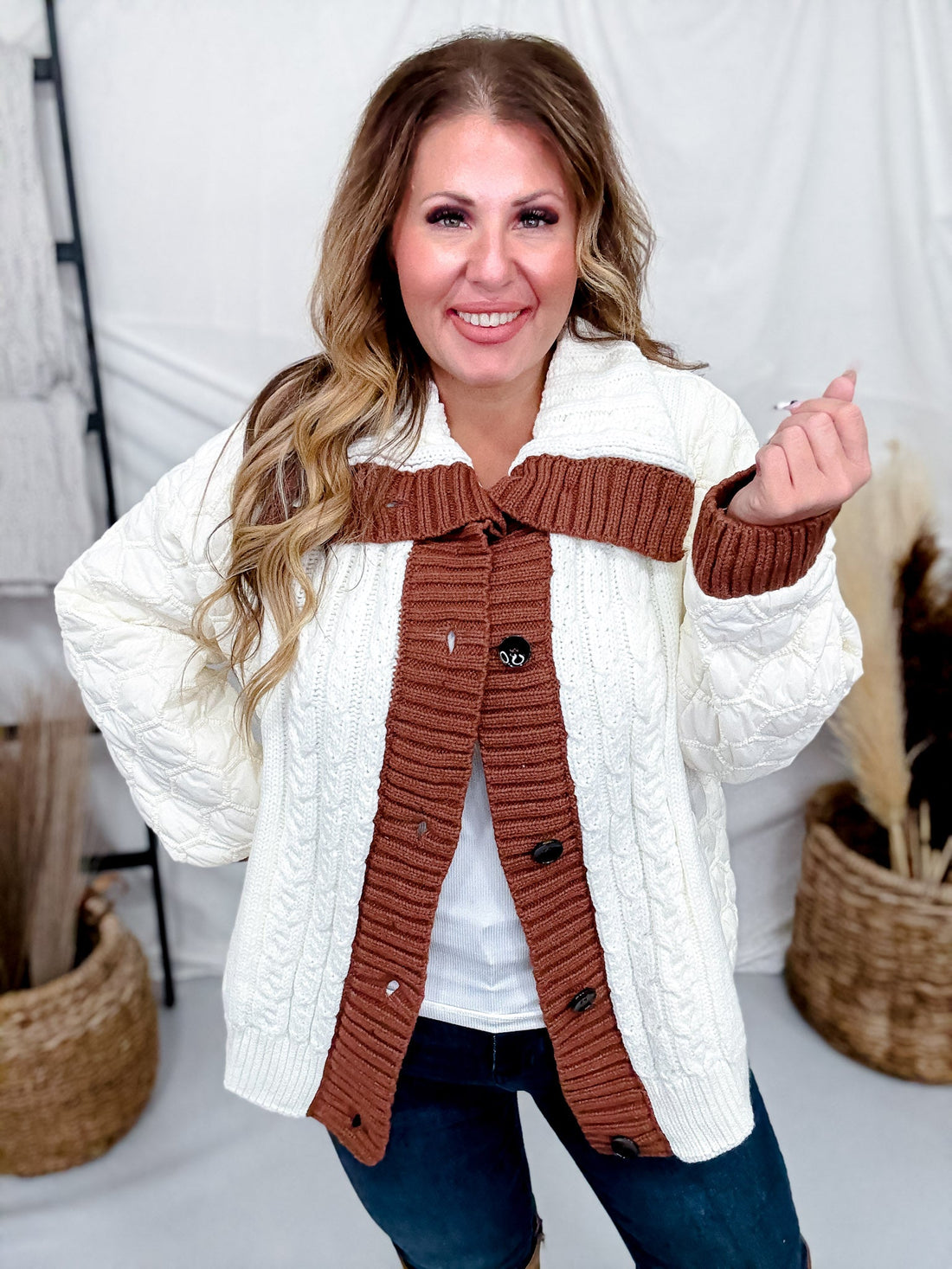 Quilted Puff Jacket With Cable Knit Front - Whiskey Skies - SEW IN LOVE