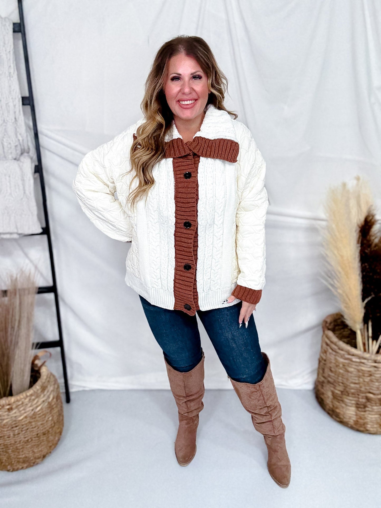 Quilted Puff Jacket With Cable Knit Front - Whiskey Skies - SEW IN LOVE