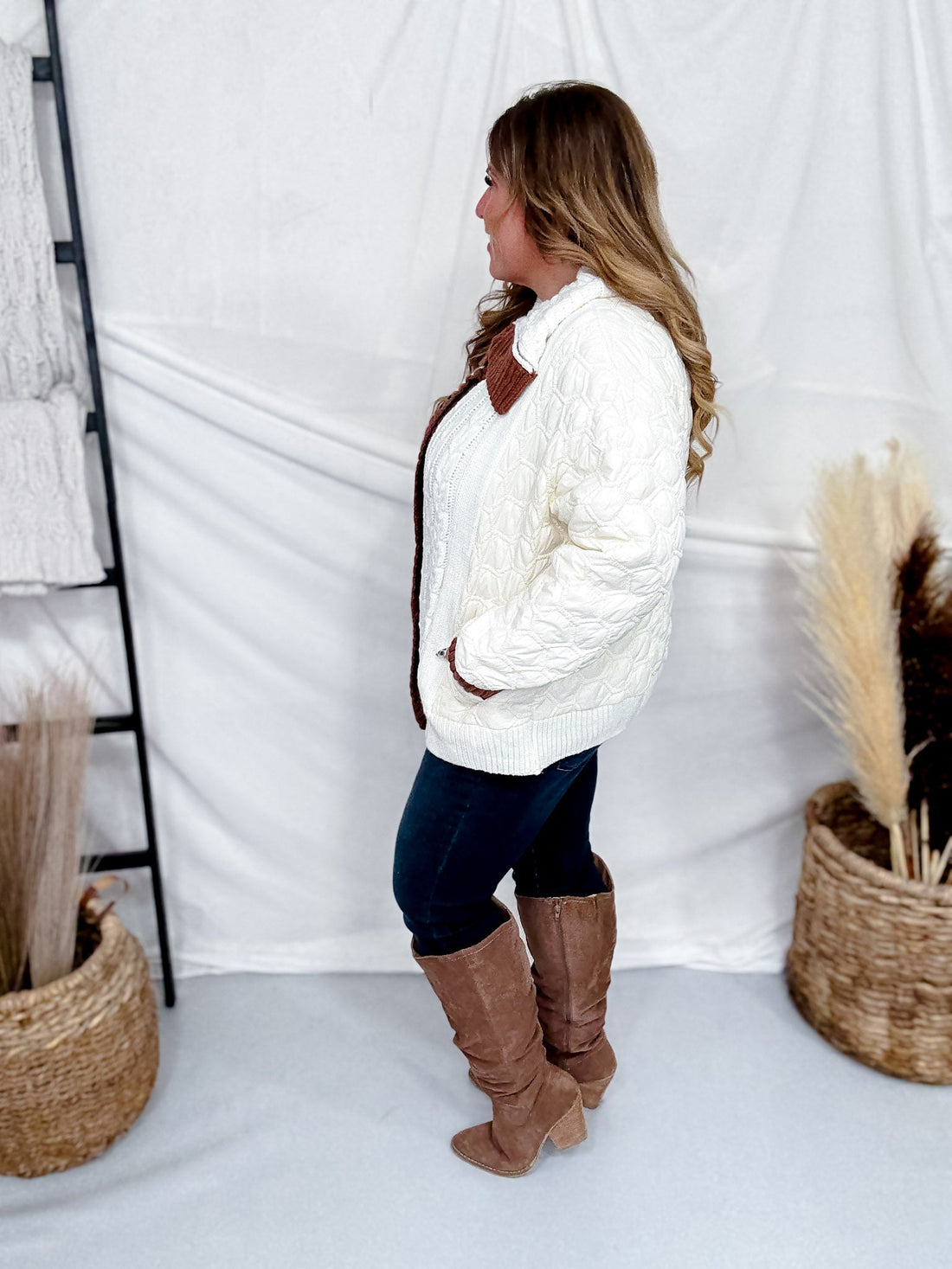 Quilted Puff Jacket With Cable Knit Front - Whiskey Skies - SEW IN LOVE