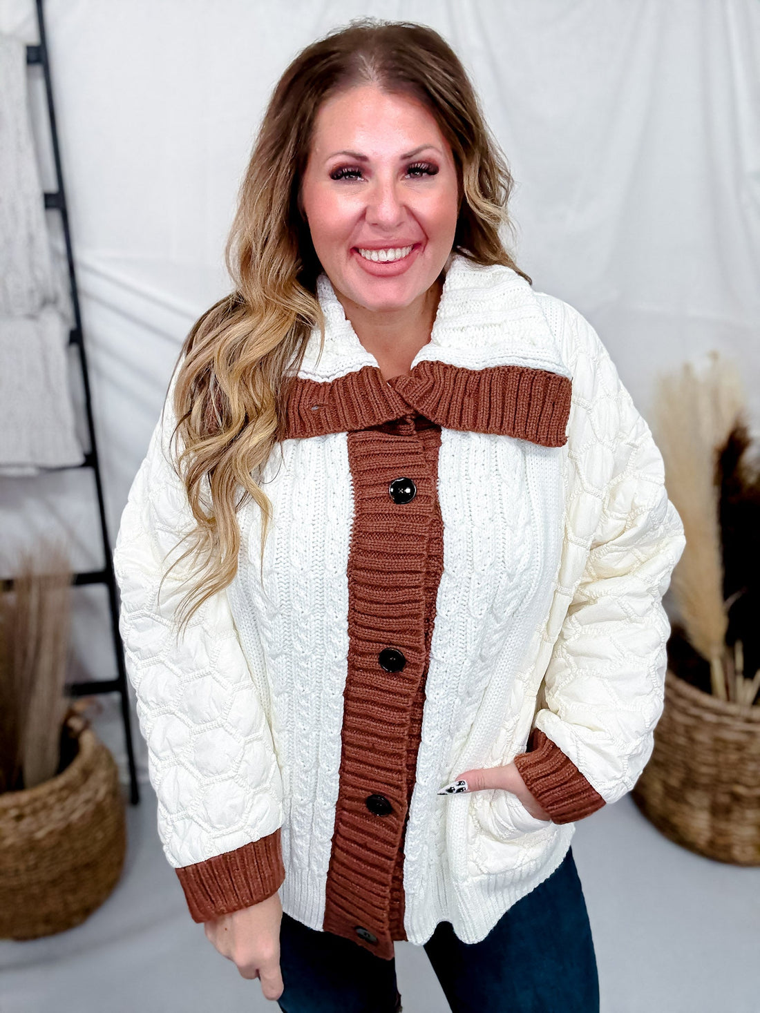 Quilted Puff Jacket With Cable Knit Front - Whiskey Skies - SEW IN LOVE