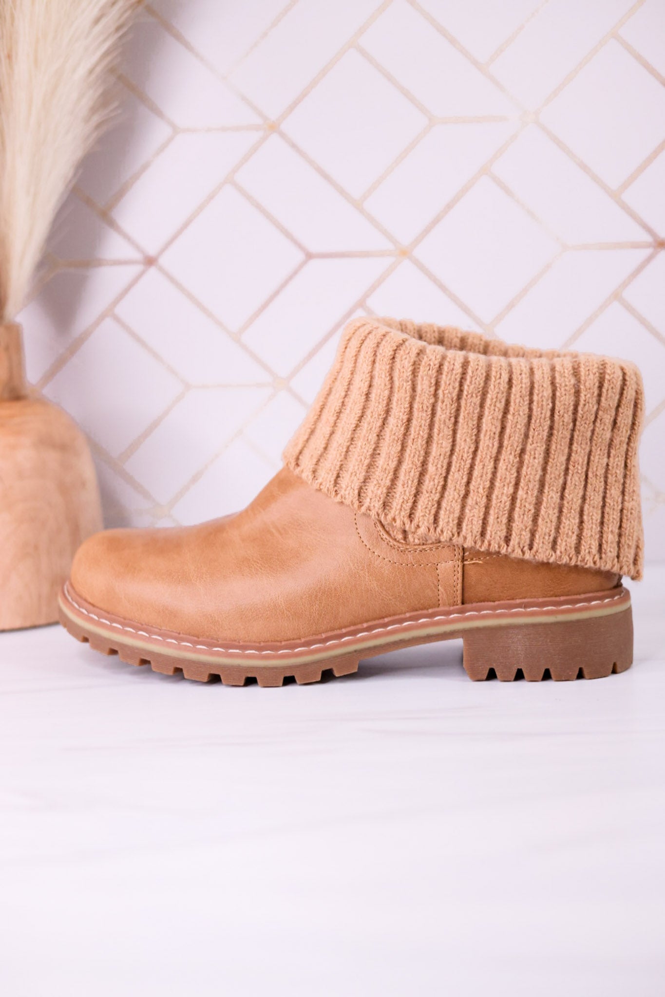 Quiver Ankle Booties With Sweater Cuff In Caramel - Whiskey Skies - CORKYS FOOTWEAR