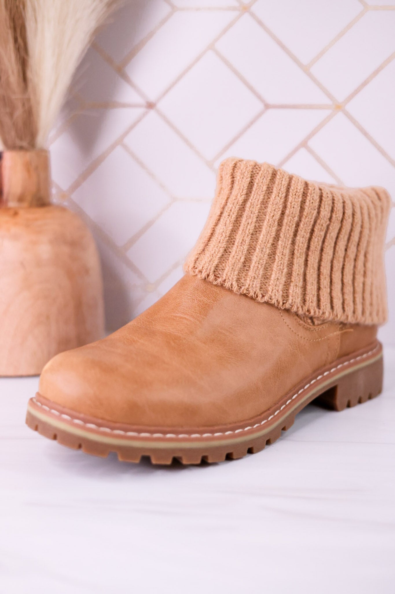 Quiver Ankle Booties With Sweater Cuff In Caramel - Whiskey Skies - CORKYS FOOTWEAR