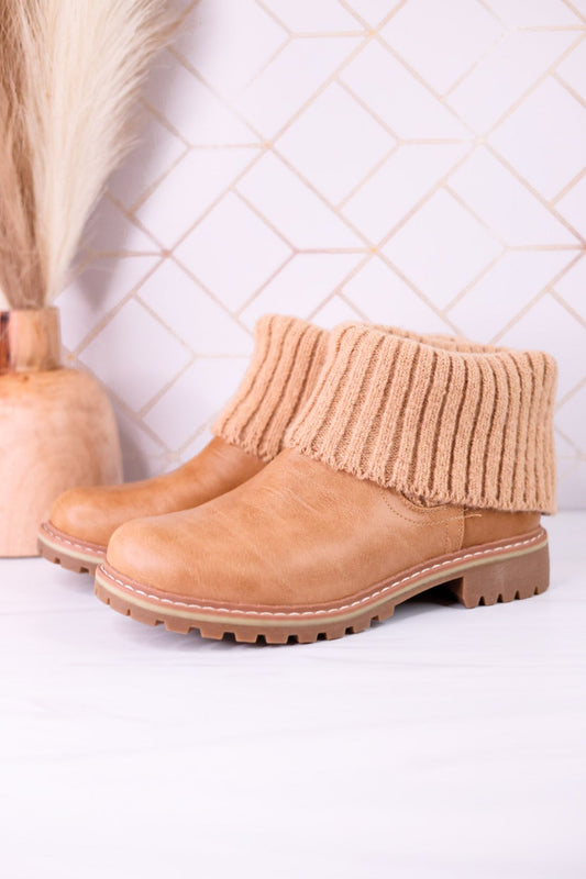 Quiver Ankle Booties With Sweater Cuff In Caramel - Whiskey Skies - CORKYS FOOTWEAR