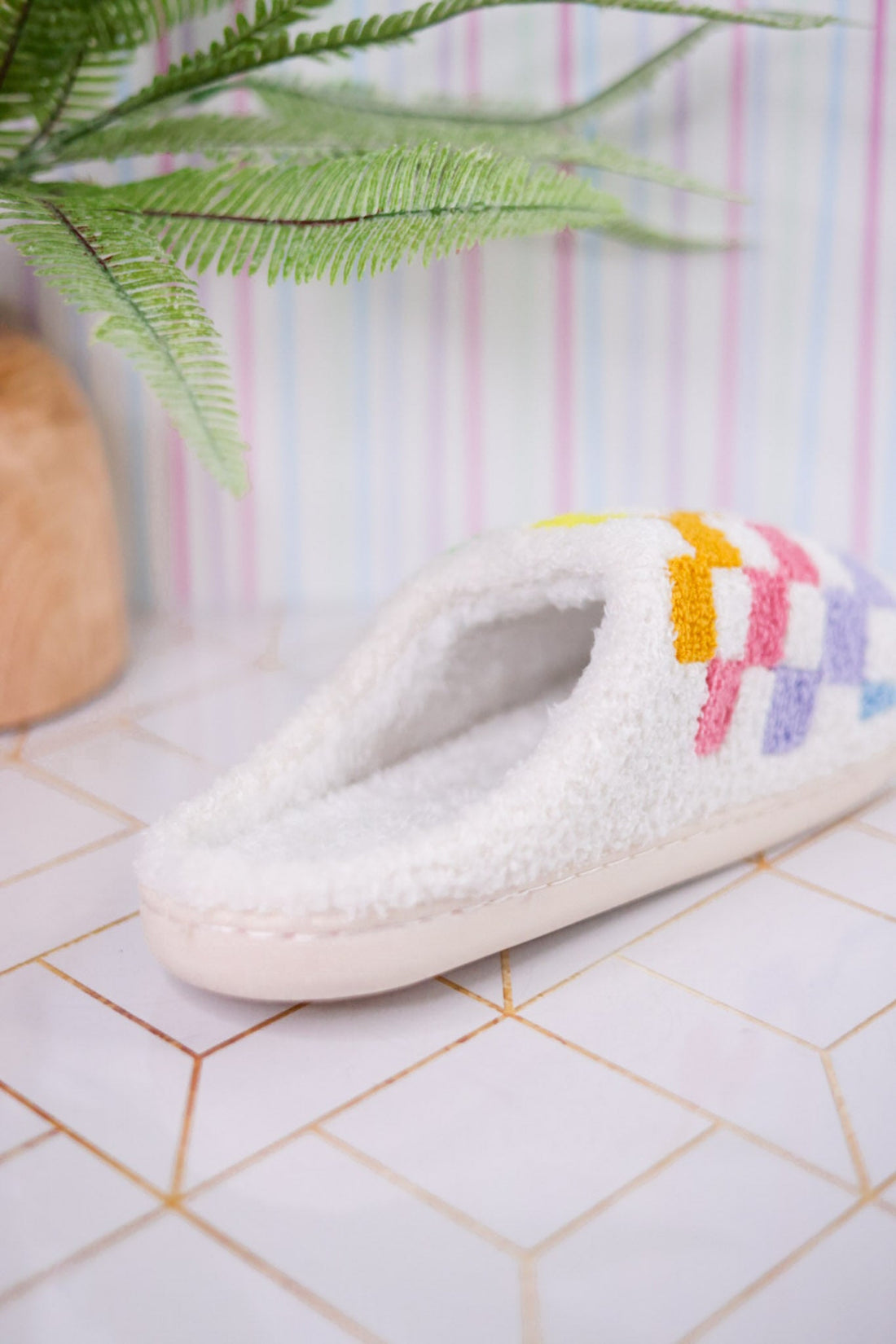Rainbow Checker Slippers - Whiskey Skies - LIVING ROYAL