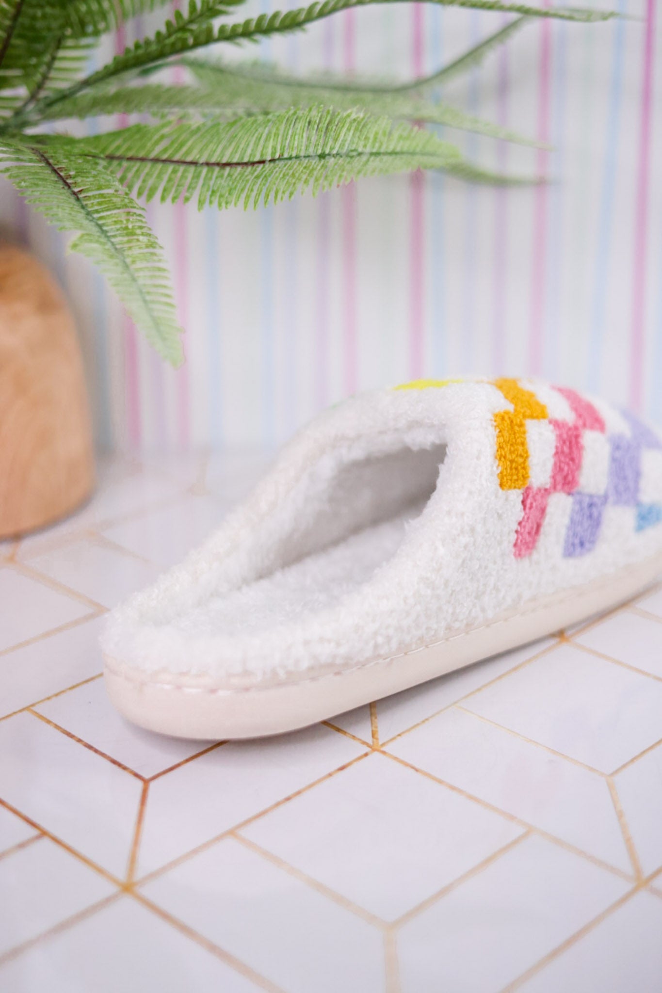 Rainbow Checker Slippers - Whiskey Skies - LIVING ROYAL