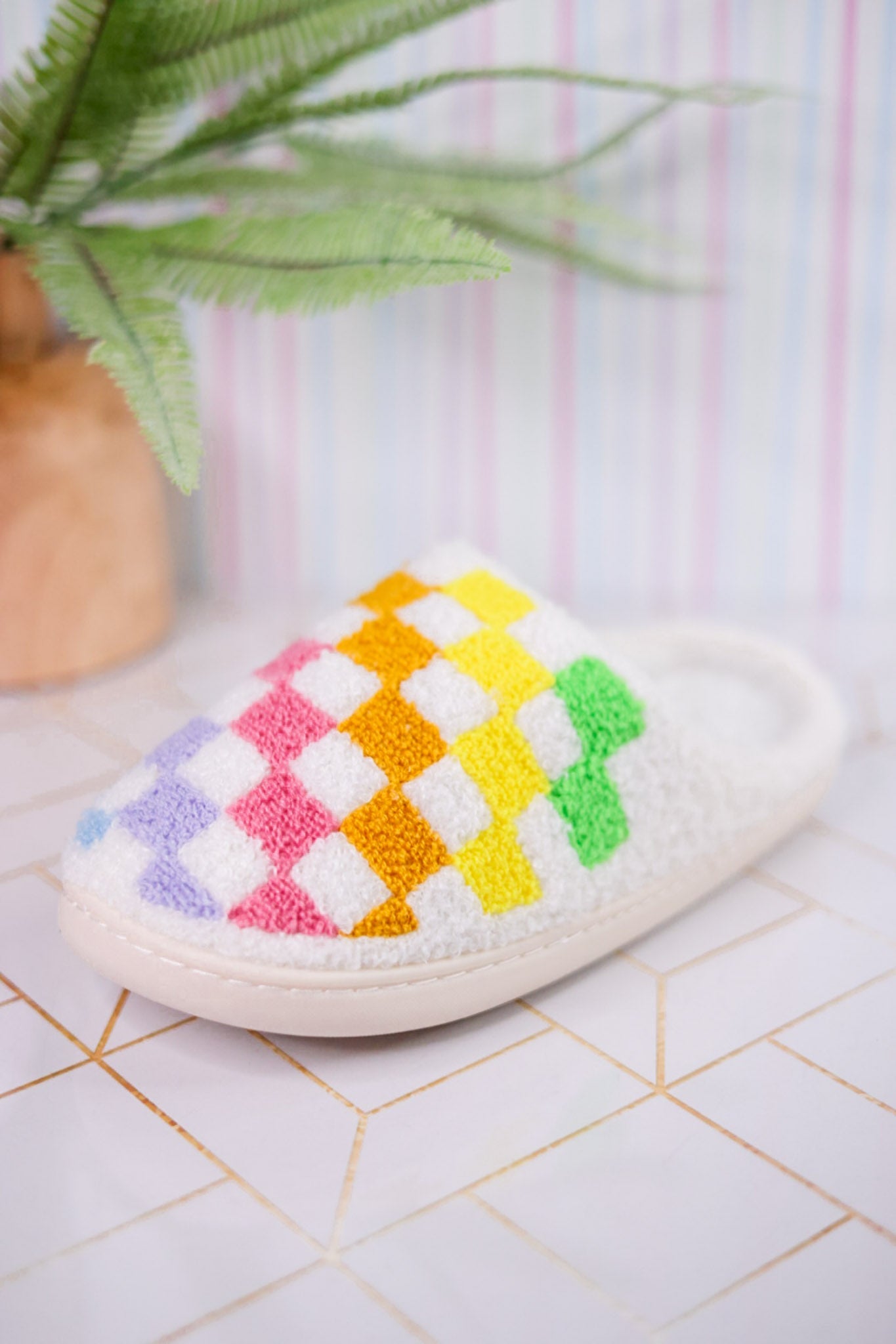 Rainbow Checker Slippers - Whiskey Skies - LIVING ROYAL