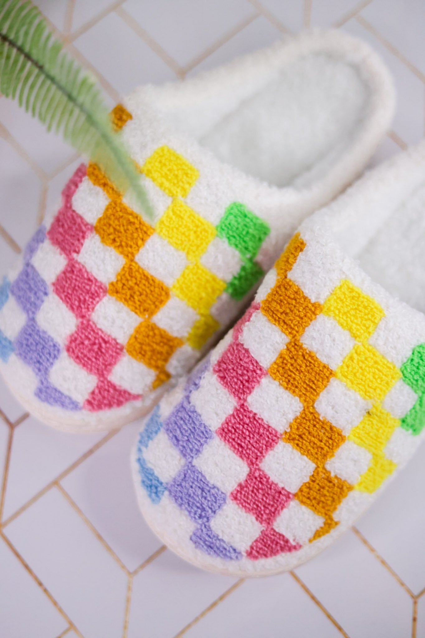 Rainbow Checker Slippers - Whiskey Skies - LIVING ROYAL