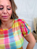 Rainbow Plaid Mesh Top With Short Puff Sleeves - Whiskey Skies - J.NNA