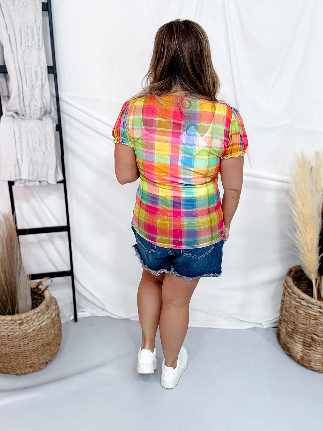 Rainbow Plaid Mesh Top With Short Puff Sleeves - Whiskey Skies - J.NNA
