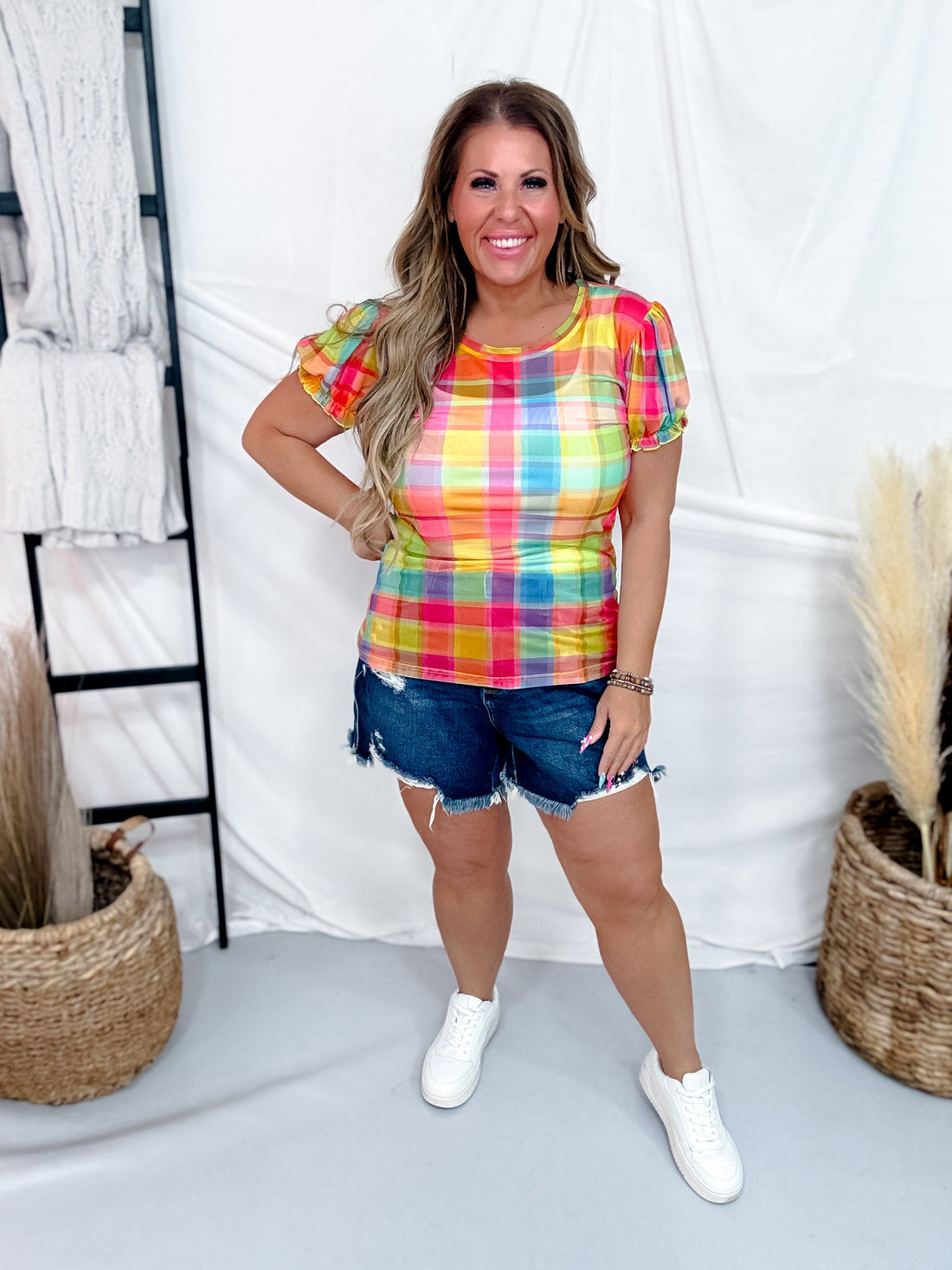 Rainbow Plaid Mesh Top With Short Puff Sleeves - Whiskey Skies - J.NNA