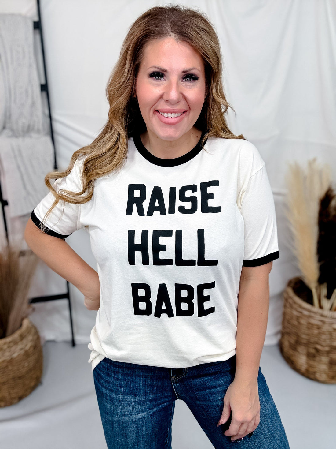 Raise Hell Babe Graphic Ringer Tee - Whiskey Skies - MUGSBY