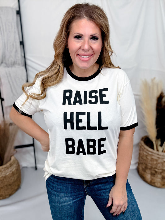 Raise Hell Babe Graphic Ringer Tee - Whiskey Skies - MUGSBY