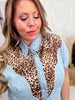 "Ranch Kitty" Short Sleeve Denim & Leopard Top - Whiskey Skies - 2 FLY CO.