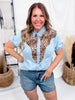 "Ranch Kitty" Short Sleeve Denim & Leopard Top - Whiskey Skies - 2 FLY CO.