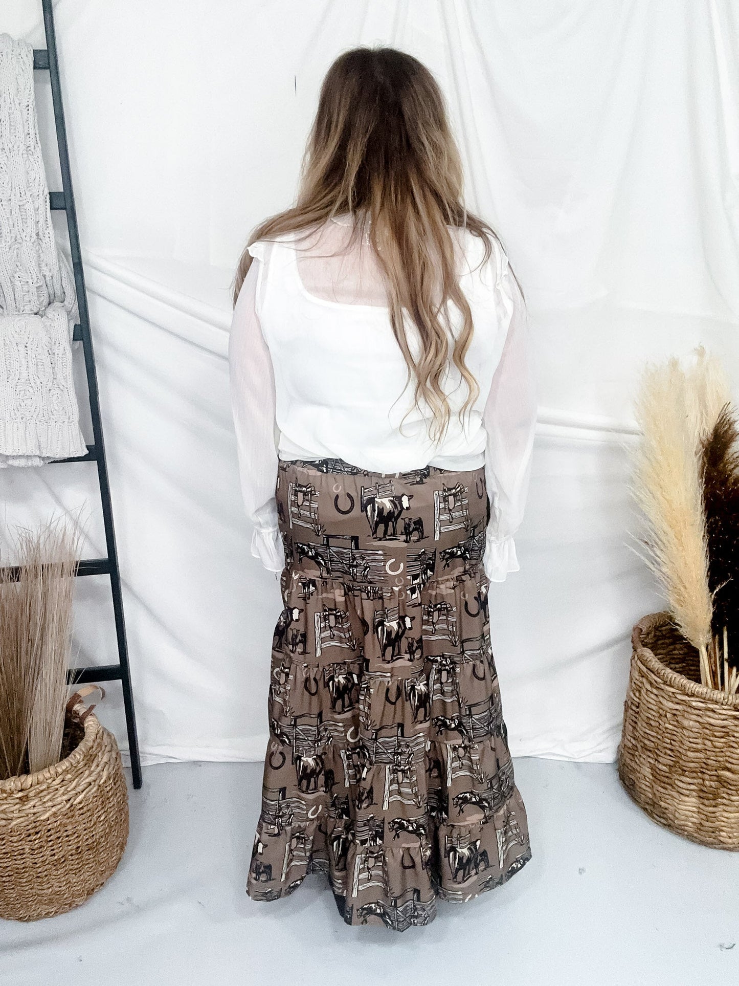 Ranch Rags Tiered Maxi Skirt With Western Print - Whiskey Skies - 2 FLY CO.