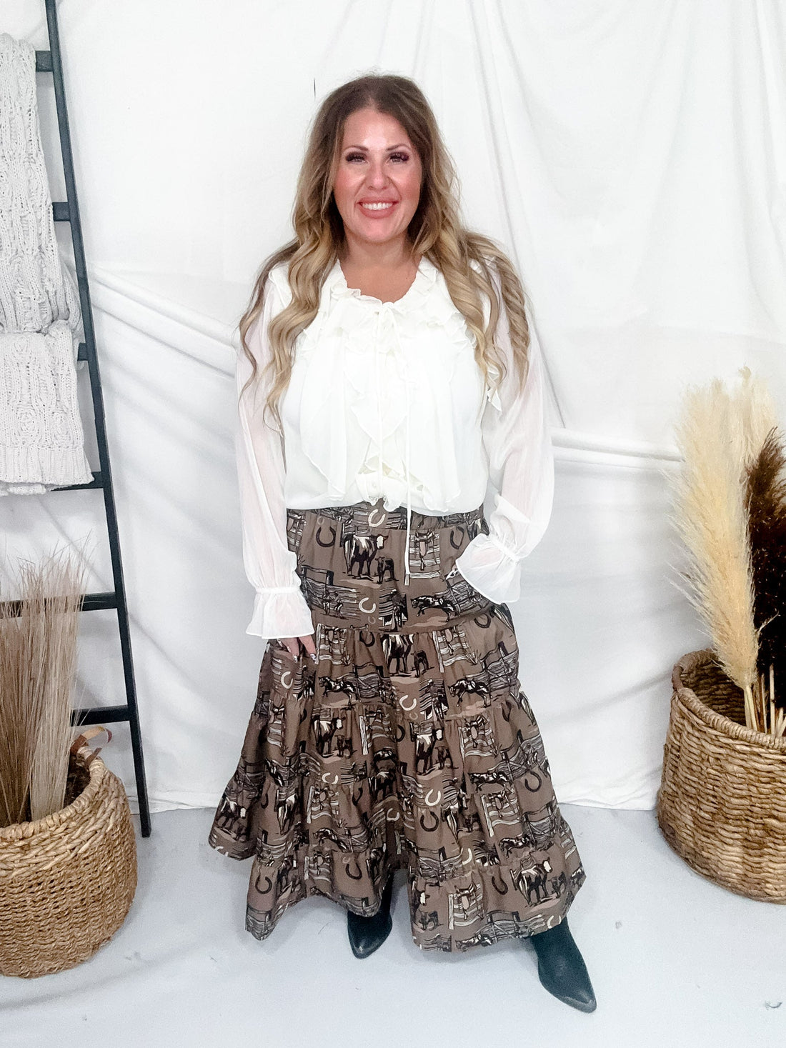 Ranch Rags Tiered Maxi Skirt With Western Print - Whiskey Skies - 2 FLY CO.