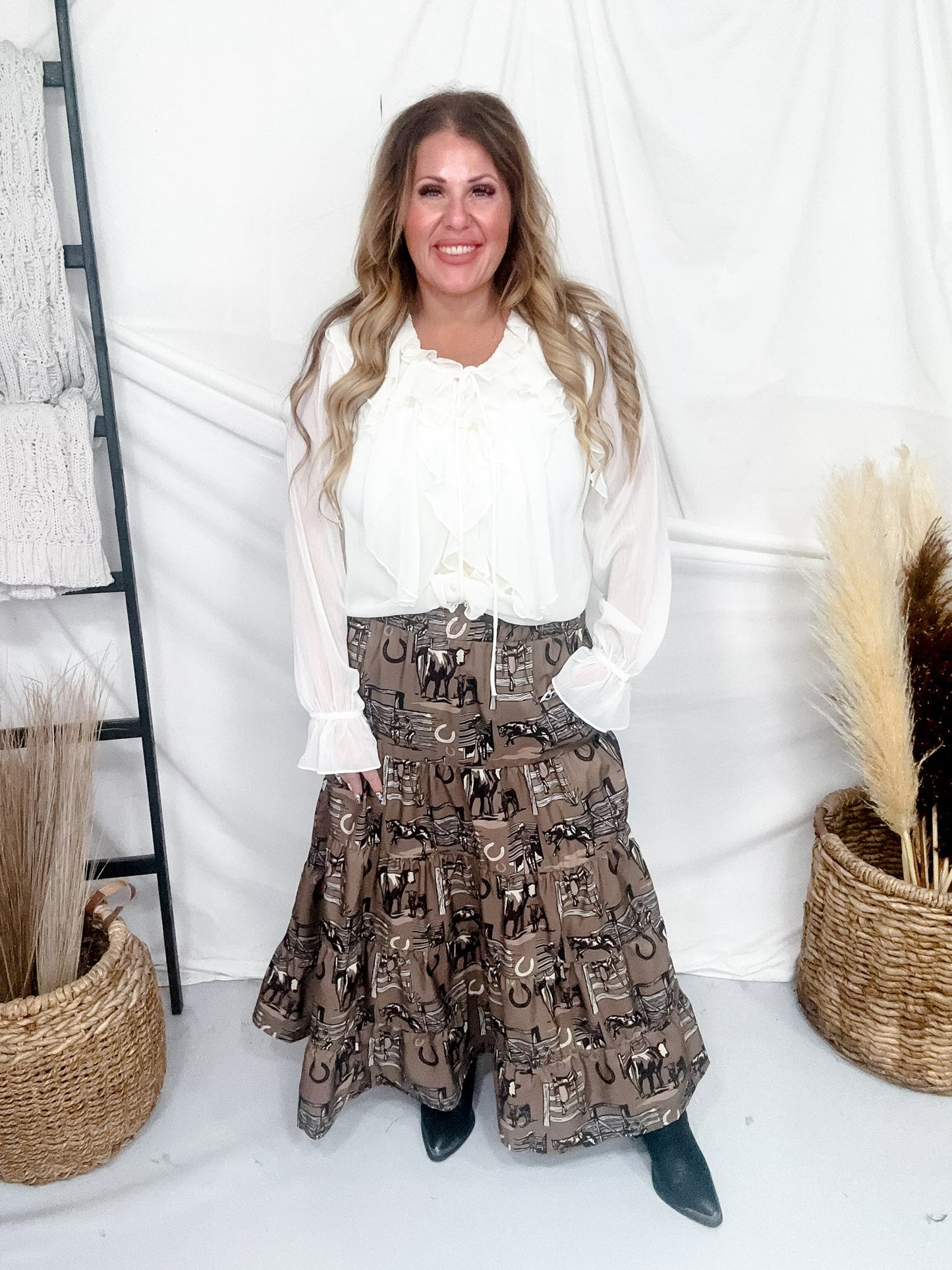 Ranch Rags Tiered Maxi Skirt With Western Print - Whiskey Skies - 2 FLY CO.