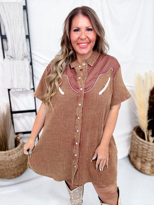 Rank Retro Button Down Saddle Colored Dress - Whiskey Skies - 2 FLY CO.
