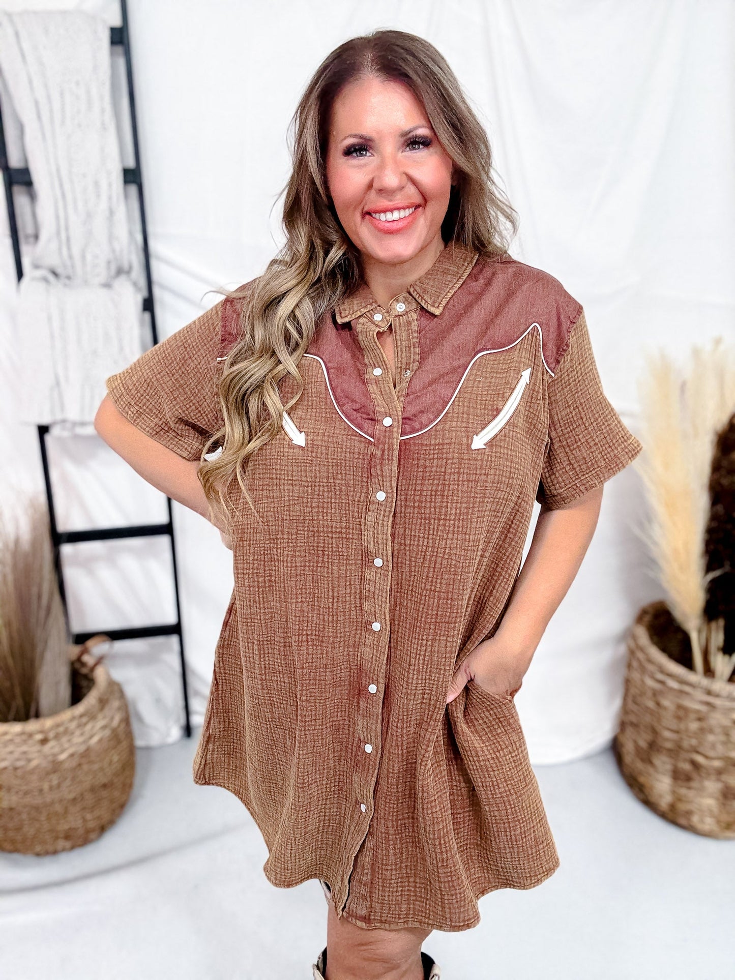 Rank Retro Button Down Saddle Colored Dress - Whiskey Skies - 2 FLY CO.