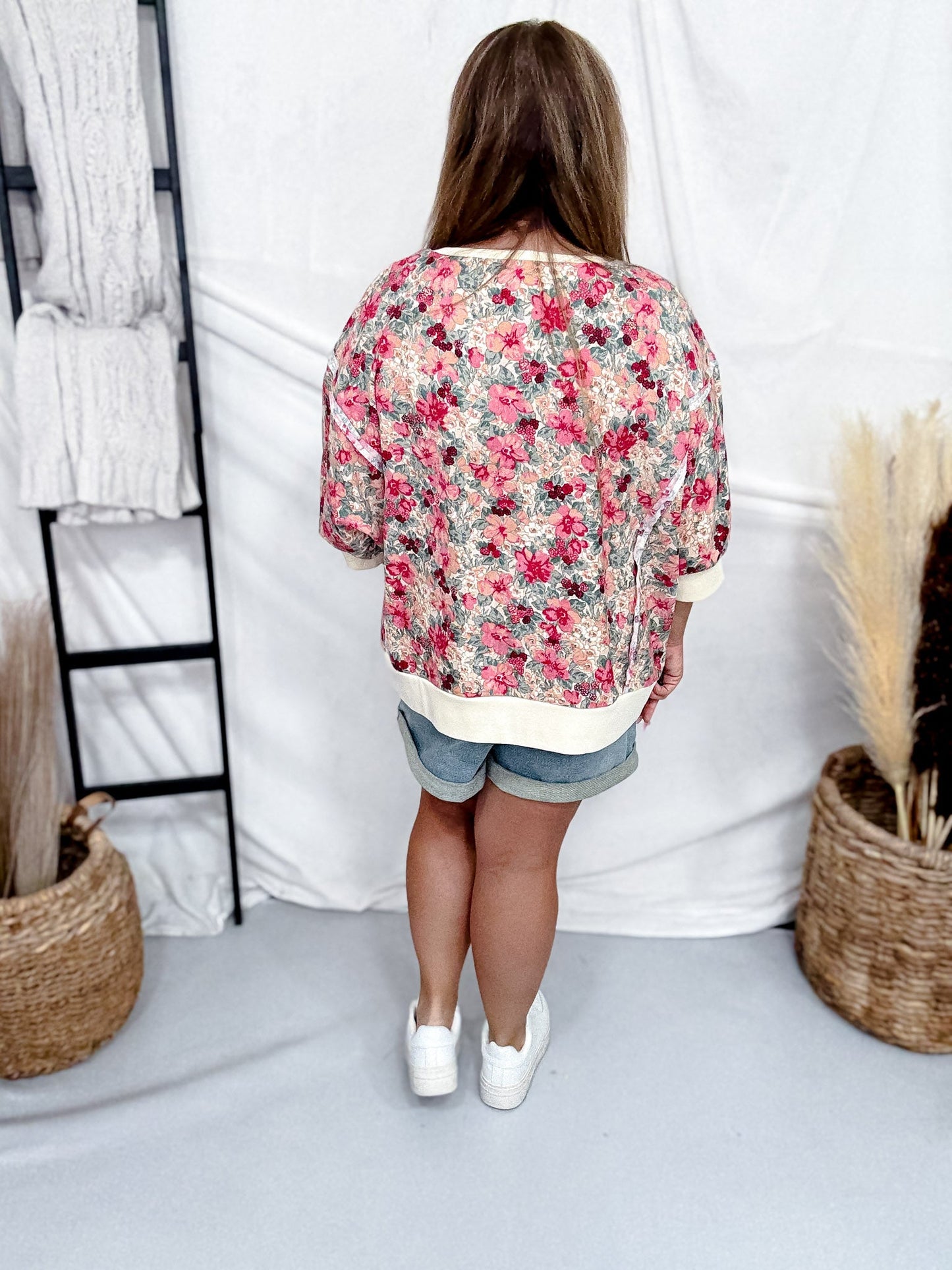Raspberry Floral Print Short Sleeve Corduroy Top With Open Seams - Whiskey Skies - BIBI