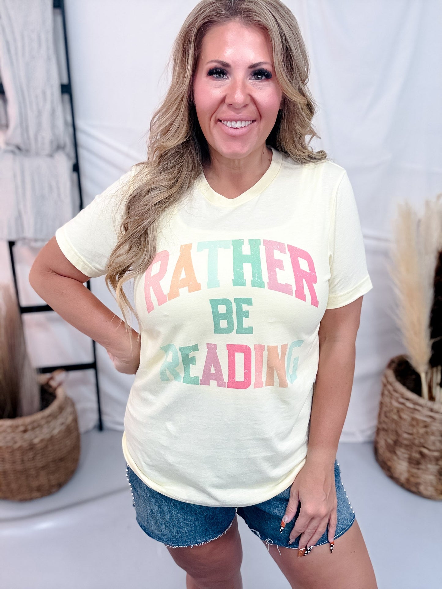 "Rather Be Reading" Pale Yellow Graphic Tee - Whiskey Skies - H+P WHOLESALE