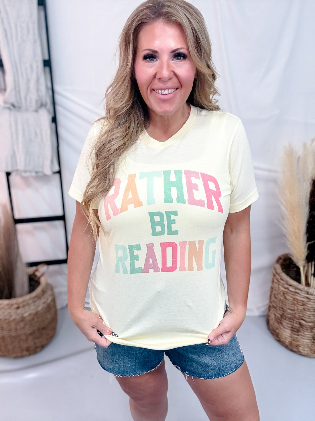 "Rather Be Reading" Pale Yellow Graphic Tee - Whiskey Skies - H+P WHOLESALE