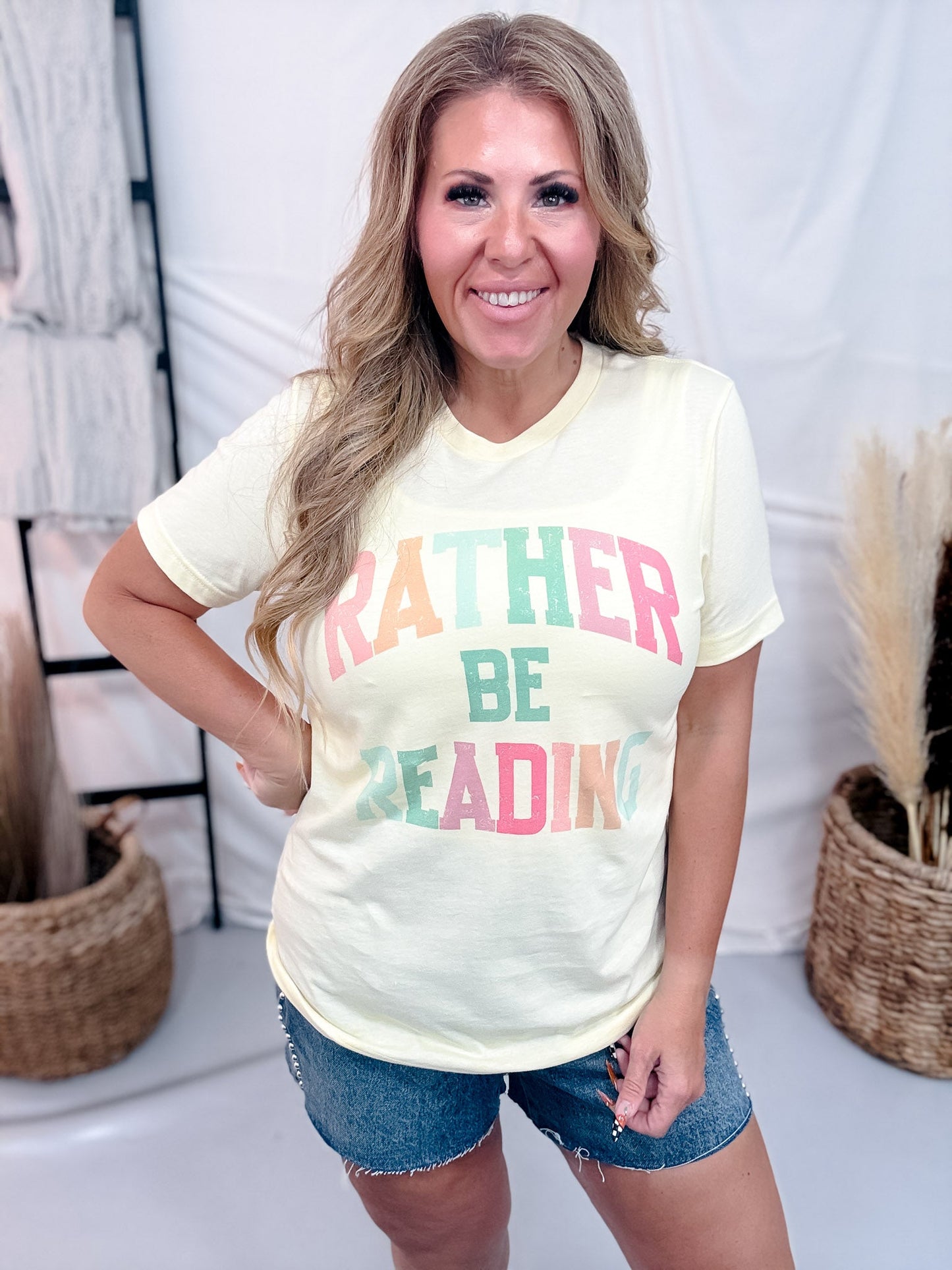 "Rather Be Reading" Pale Yellow Graphic Tee - Whiskey Skies - H+P WHOLESALE