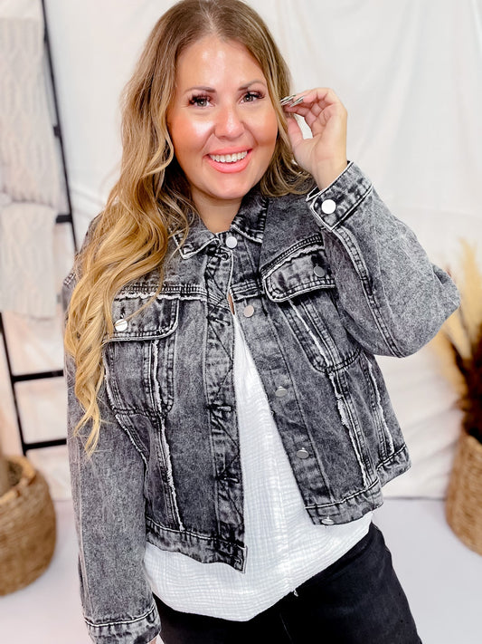 Raw Edge Charcoal Denim Jacket - Whiskey Skies - ANDREE BY UNIT