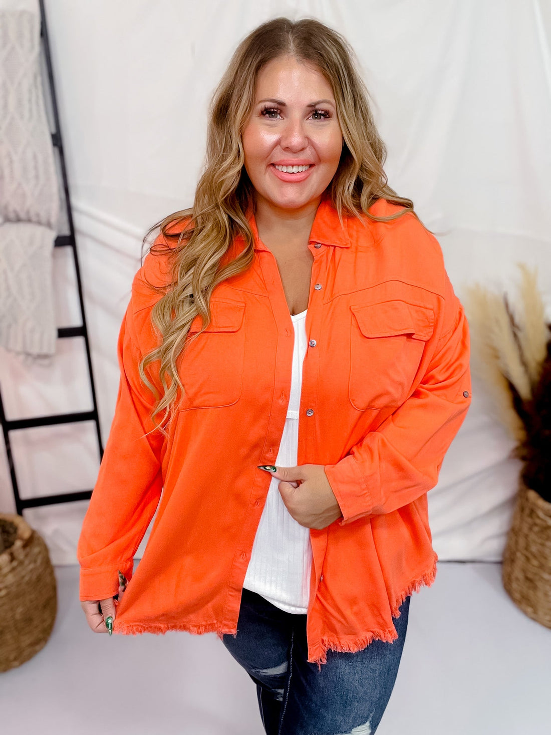 Raw Hem Long Sleeve Button Down - Whiskey Skies - WHITE BIRCH