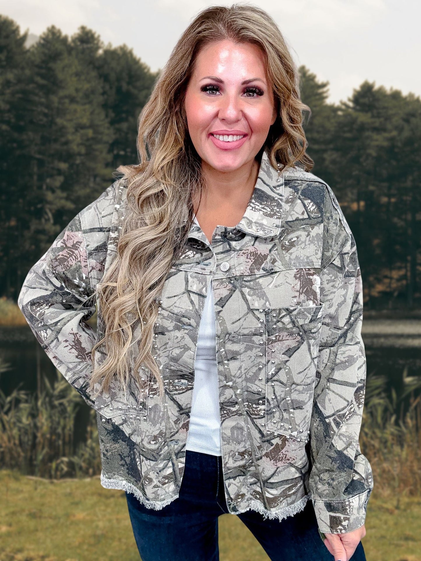 Real Tree Camo Print Denim Jacket With Studs - Whiskey Skies - DAVI & DANI