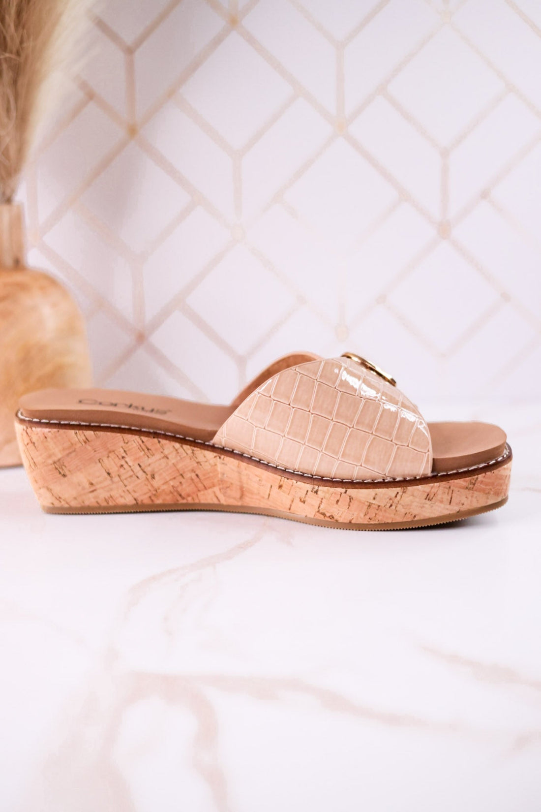 "Reality" Beige Crocodile Textured Sandals - Whiskey Skies - CORKYS FOOTWEAR