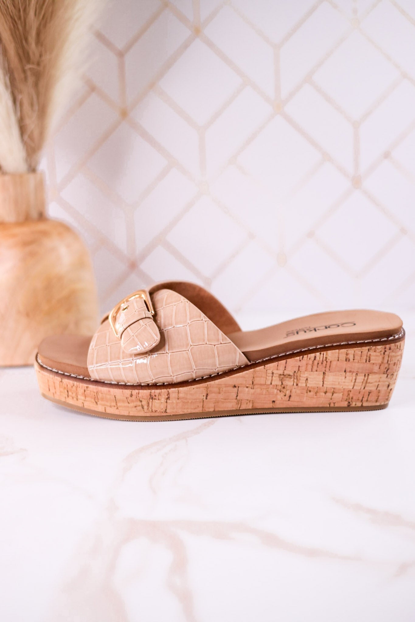 "Reality" Beige Crocodile Textured Sandals - Whiskey Skies - CORKYS FOOTWEAR