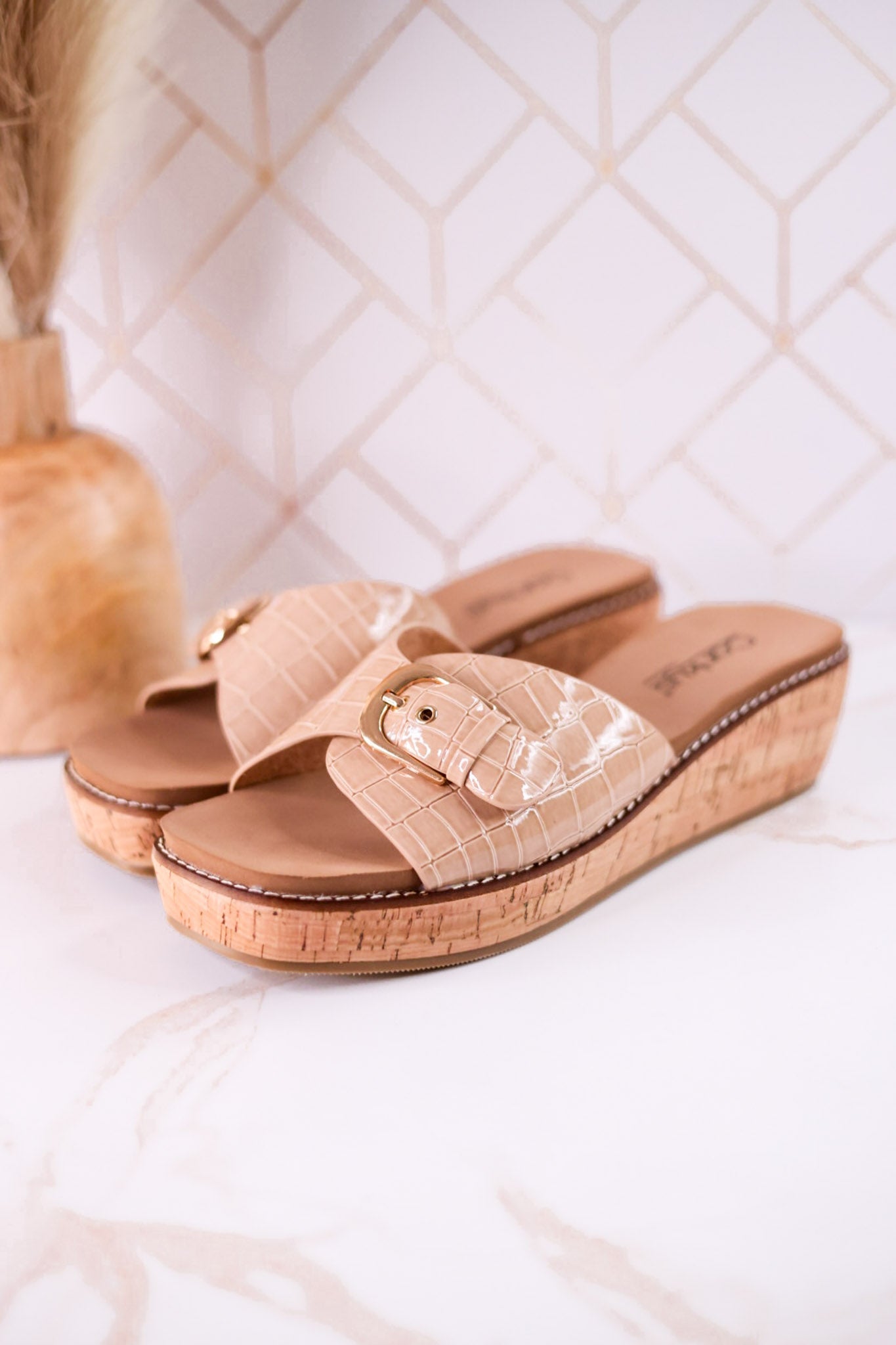 "Reality" Beige Crocodile Textured Sandals - Whiskey Skies - CORKYS FOOTWEAR