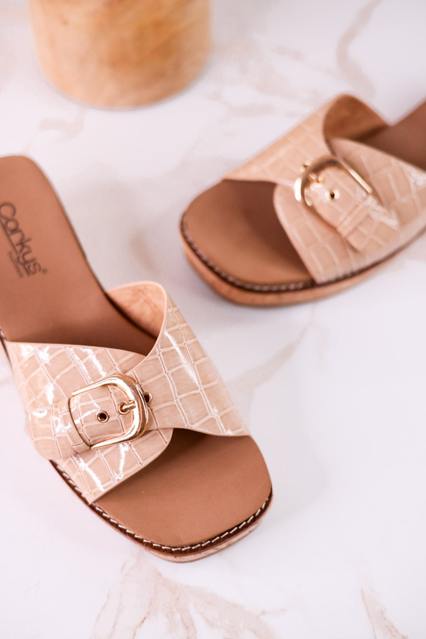 "Reality" Beige Crocodile Textured Sandals - Whiskey Skies - CORKYS FOOTWEAR