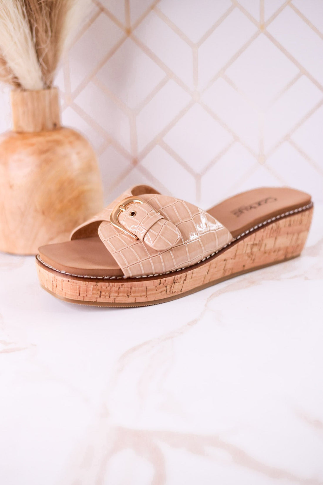 "Reality" Beige Crocodile Textured Sandals - Whiskey Skies - CORKYS FOOTWEAR
