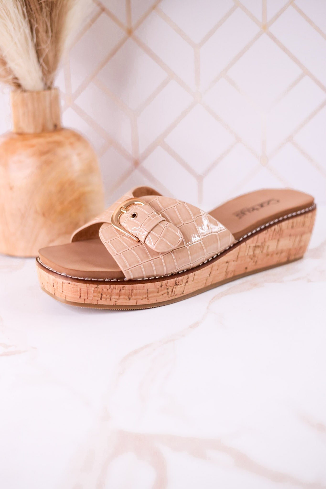"Reality" Beige Crocodile Textured Sandals - Whiskey Skies - CORKYS FOOTWEAR