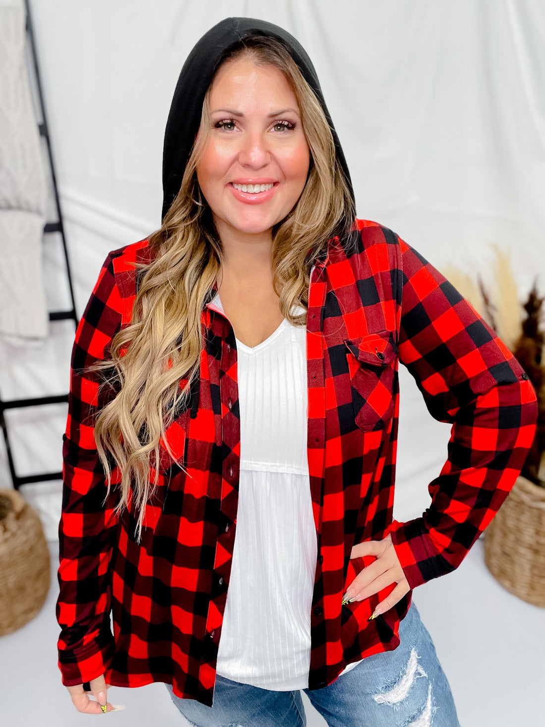 Red and Black Plaid Button Down Top with Hood - Whiskey Skies - DNA COUTURE