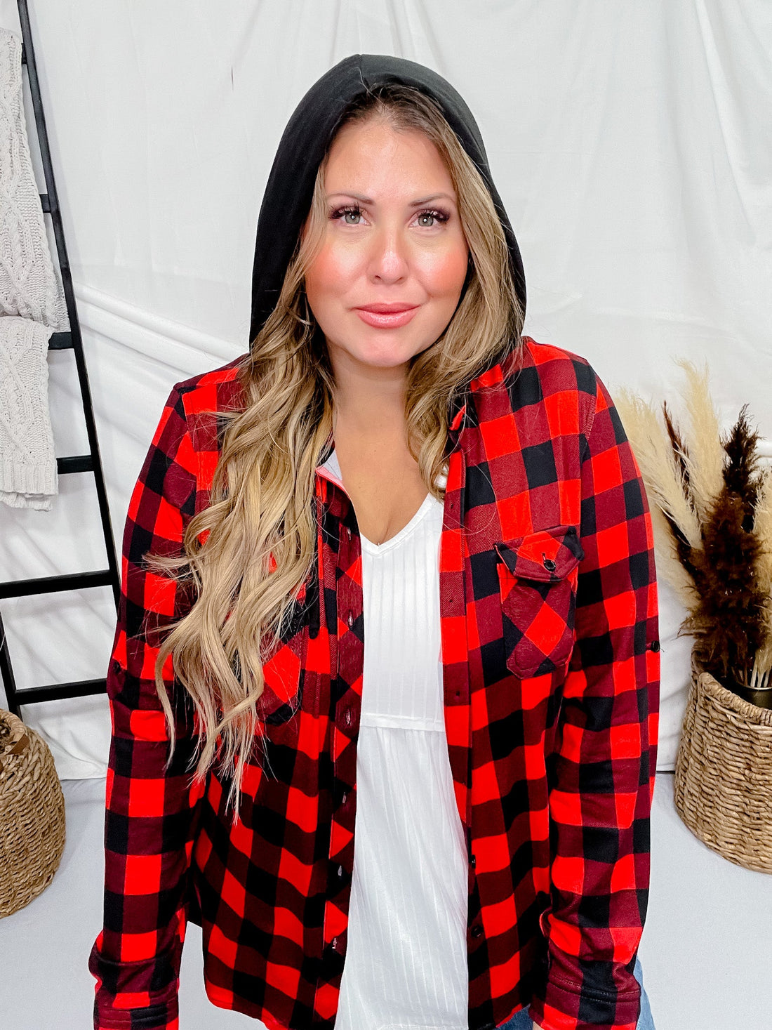 Red and Black Plaid Button Down Top with Hood - Whiskey Skies - DNA COUTURE