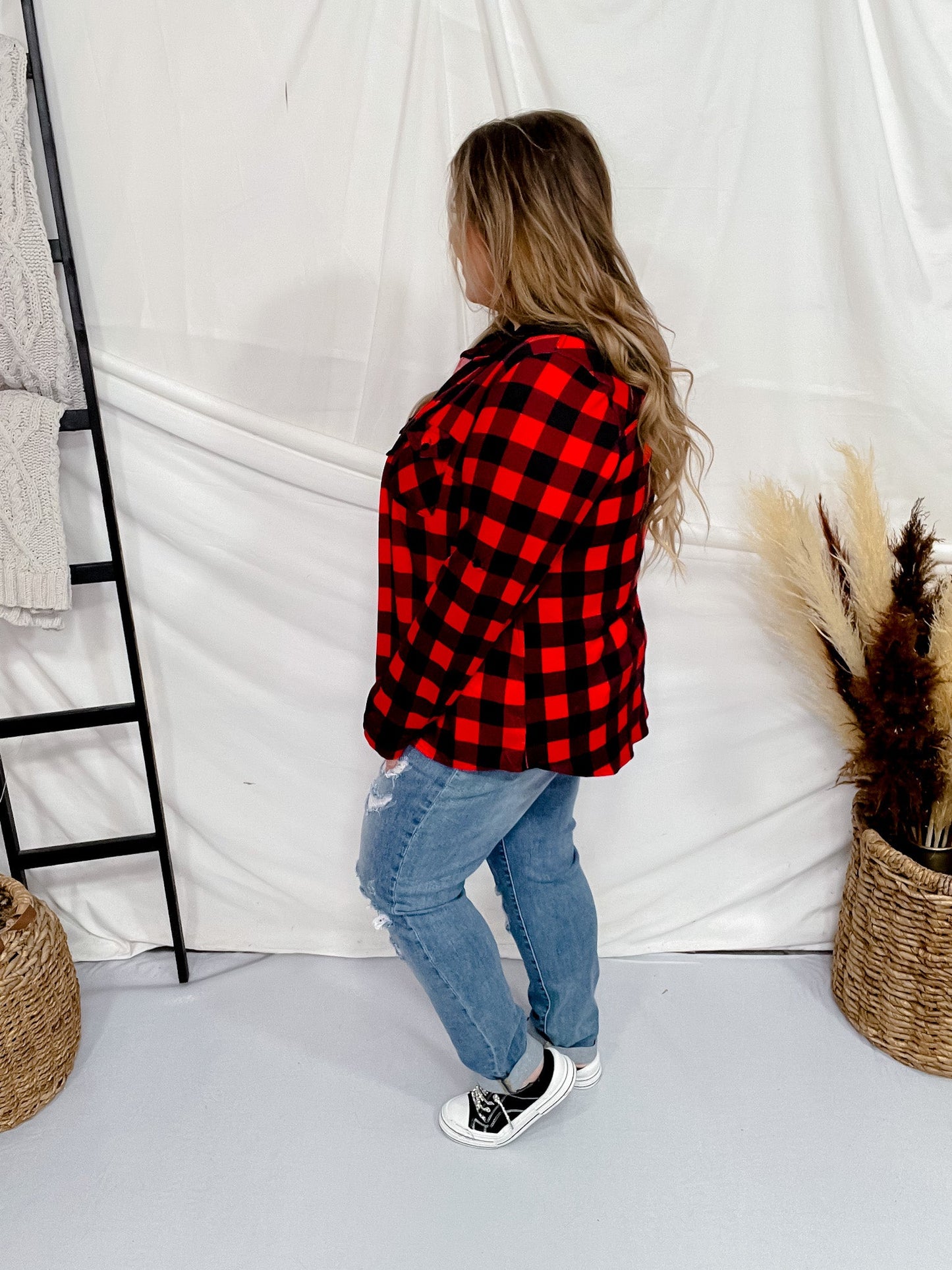 Red and Black Plaid Button Down Top with Hood - Whiskey Skies - DNA COUTURE