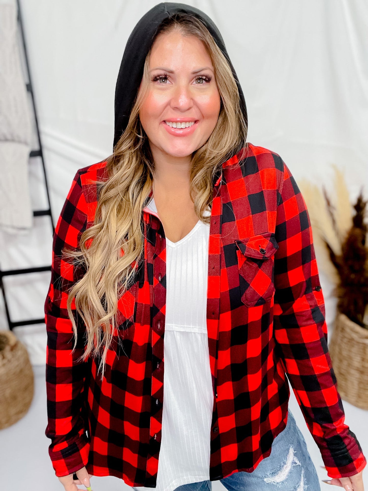 Red and Black Plaid Button Down Top with Hood - Whiskey Skies - DNA COUTURE