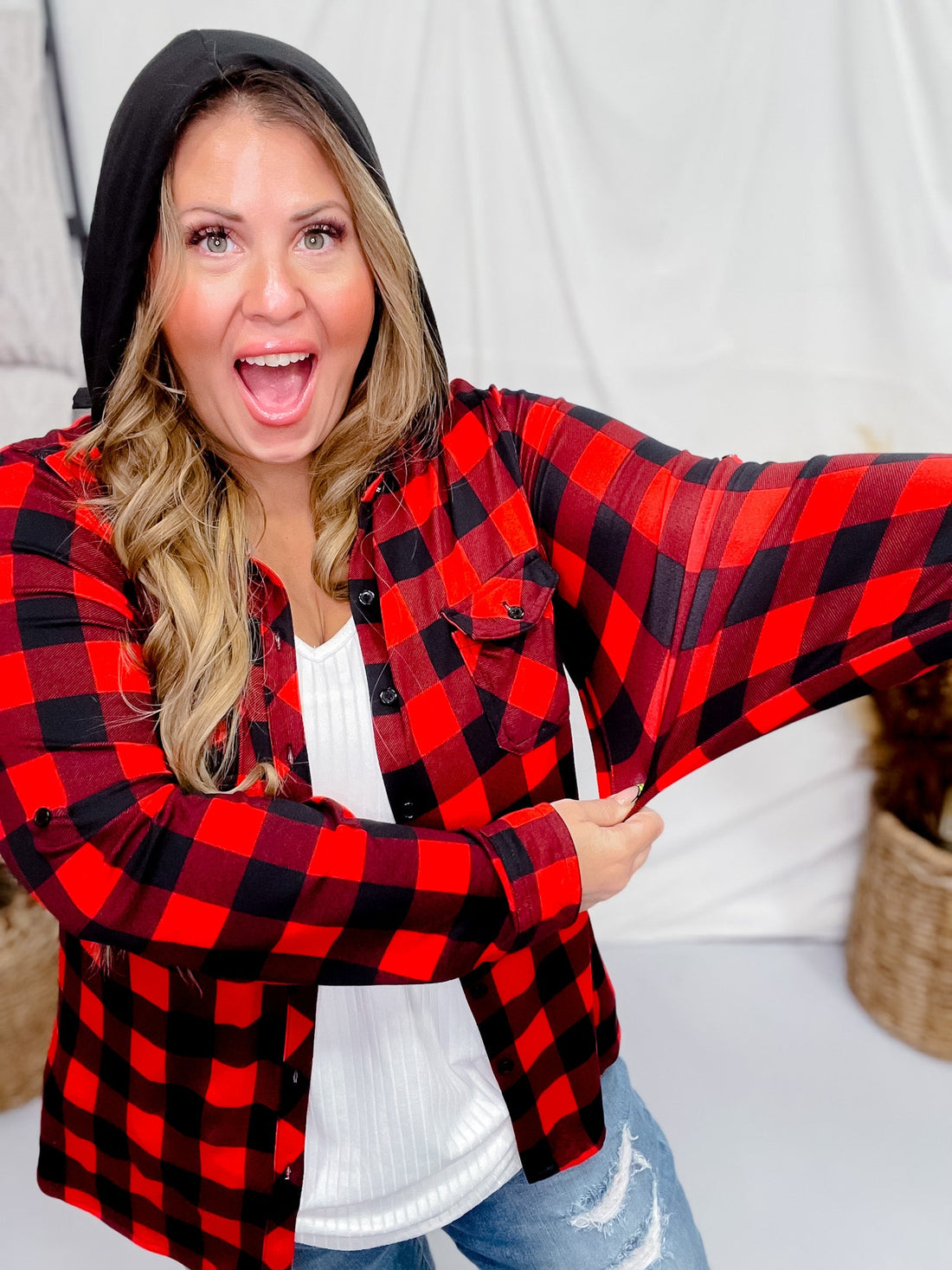 Red and Black Plaid Button Down Top with Hood - Whiskey Skies - DNA COUTURE