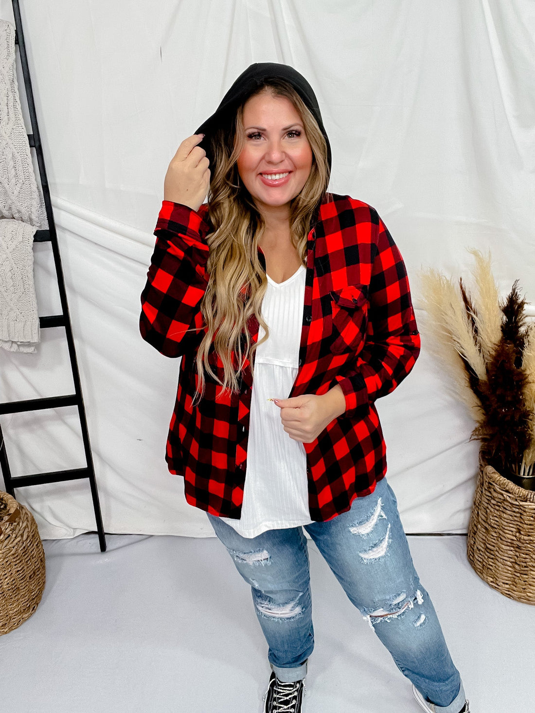 Red and Black Plaid Button Down Top with Hood - Whiskey Skies - DNA COUTURE