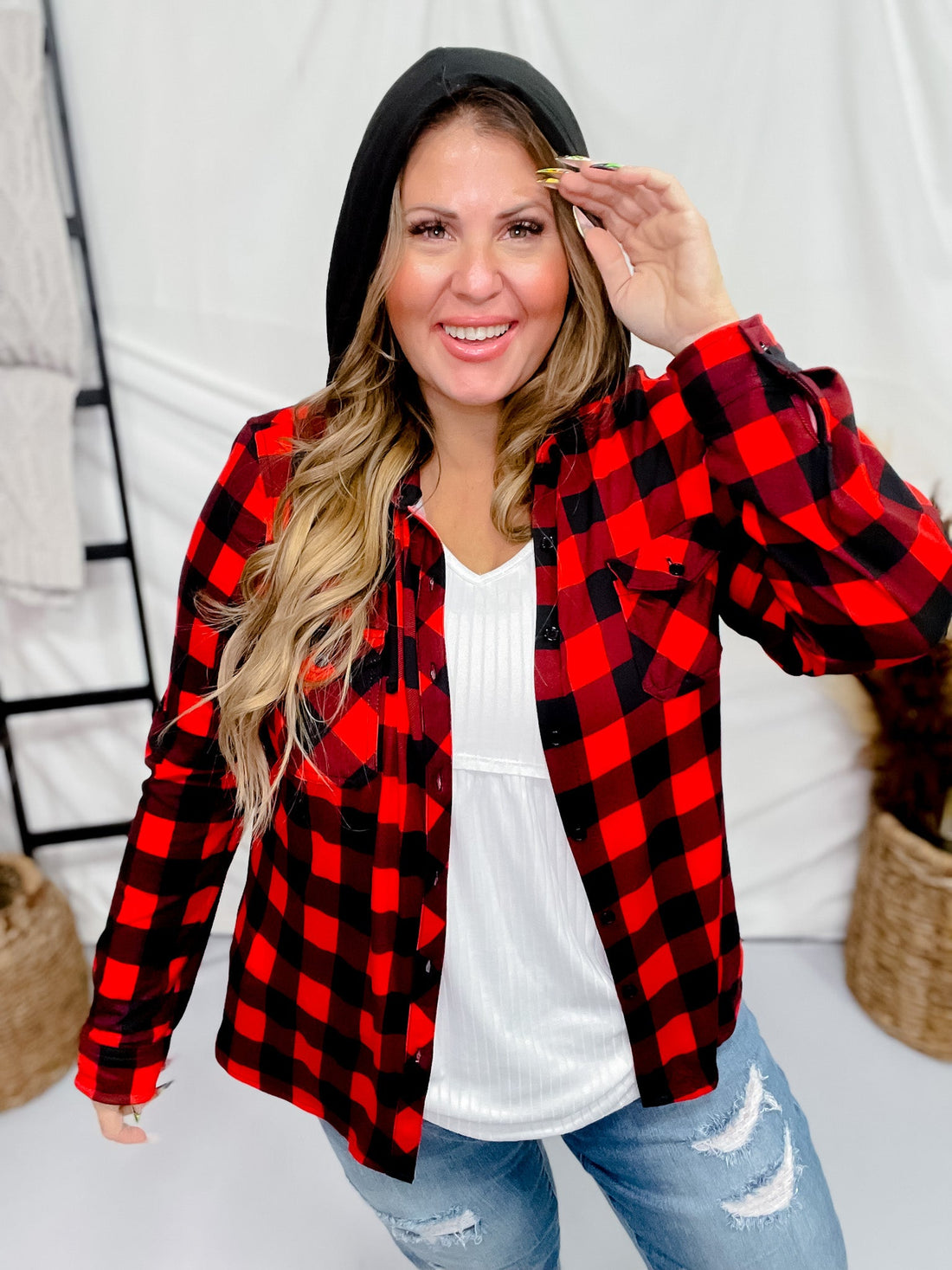 Red and Black Plaid Button Down Top with Hood - Whiskey Skies - DNA COUTURE