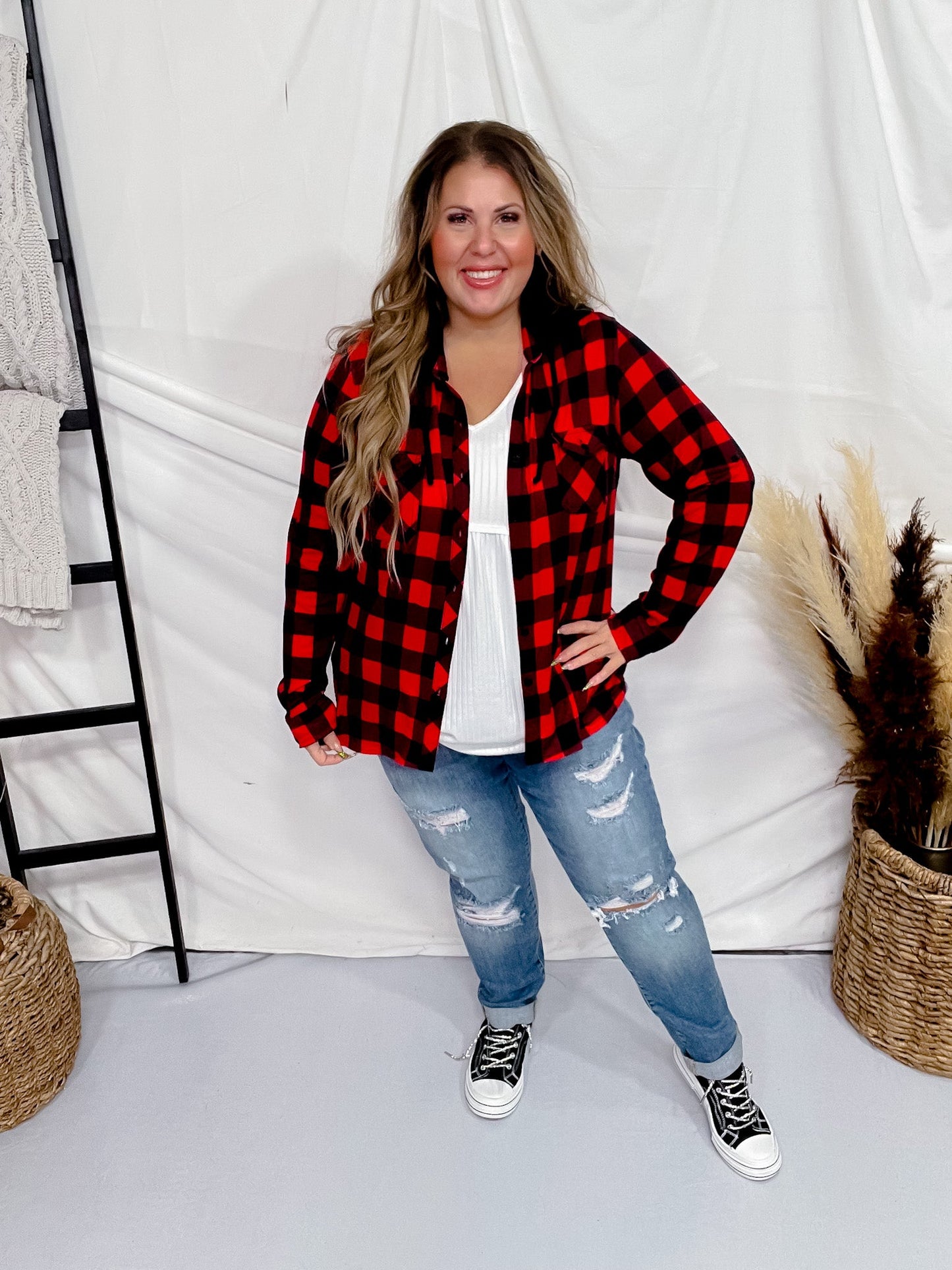 Red and Black Plaid Button Down Top with Hood - Whiskey Skies - DNA COUTURE