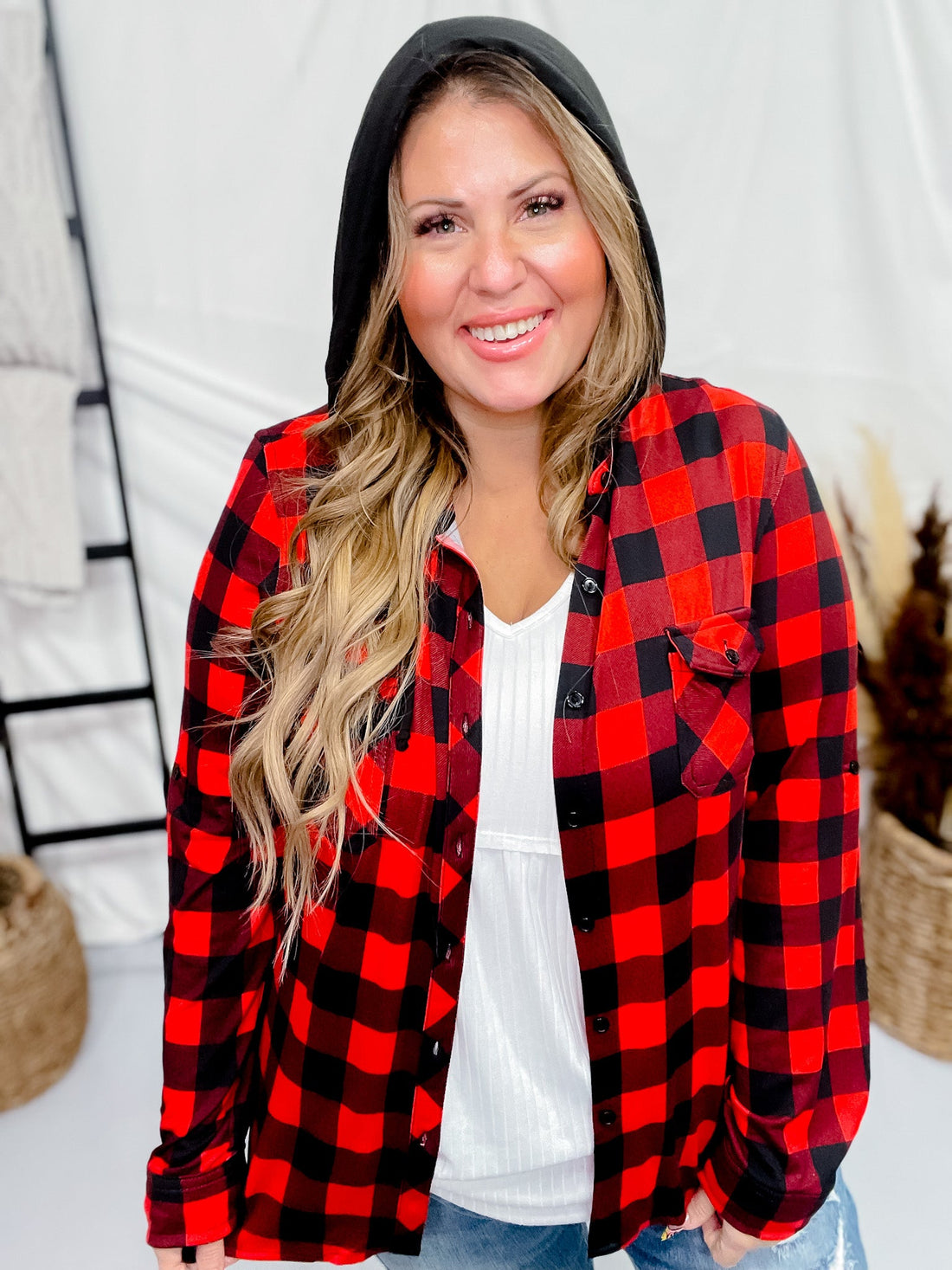 Red and Black Plaid Button Down Top with Hood - Whiskey Skies - DNA COUTURE