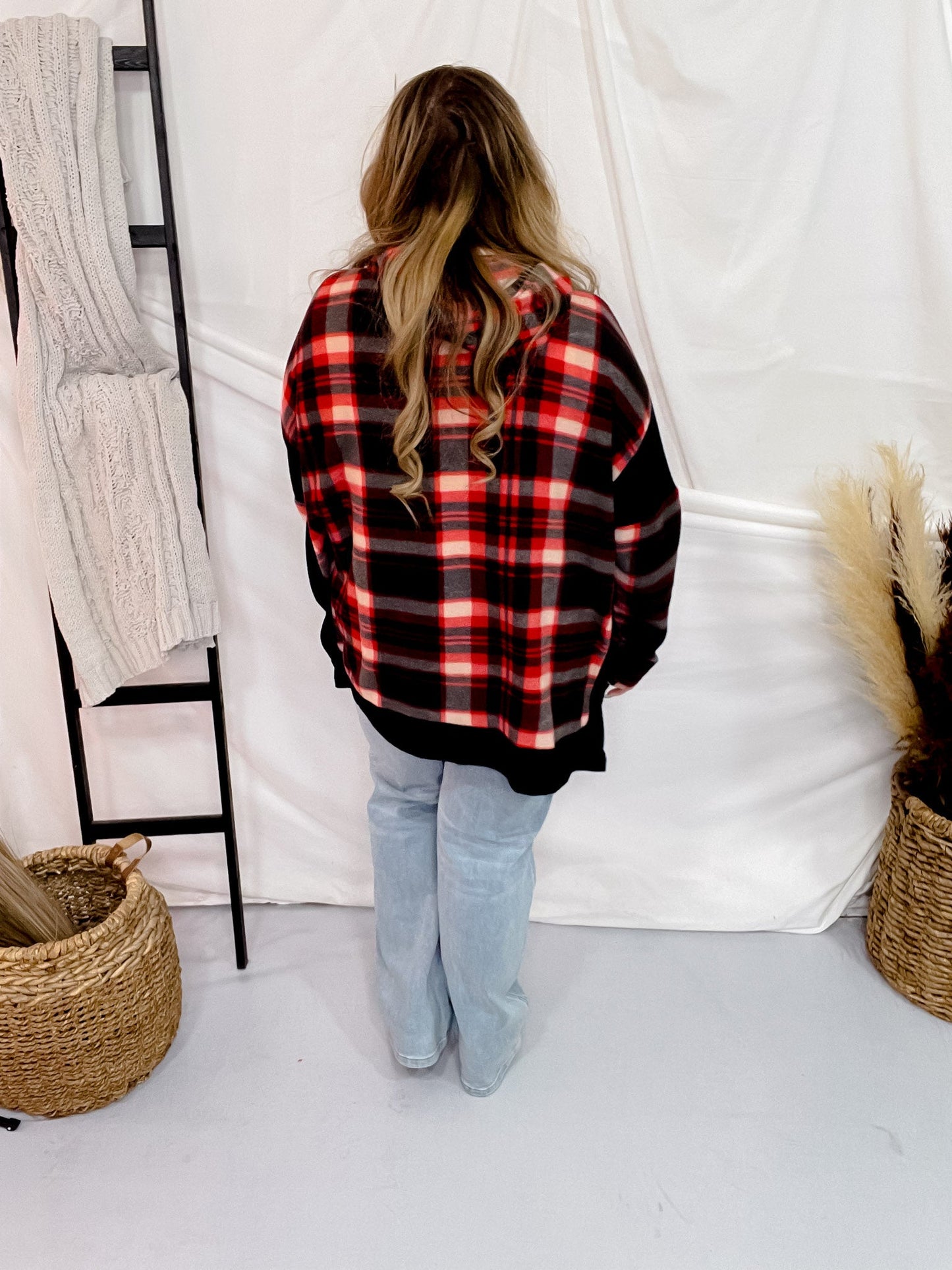 Red and Black Plaid Colorblock Hoodie - Whiskey Skies - WHITE BIRCH