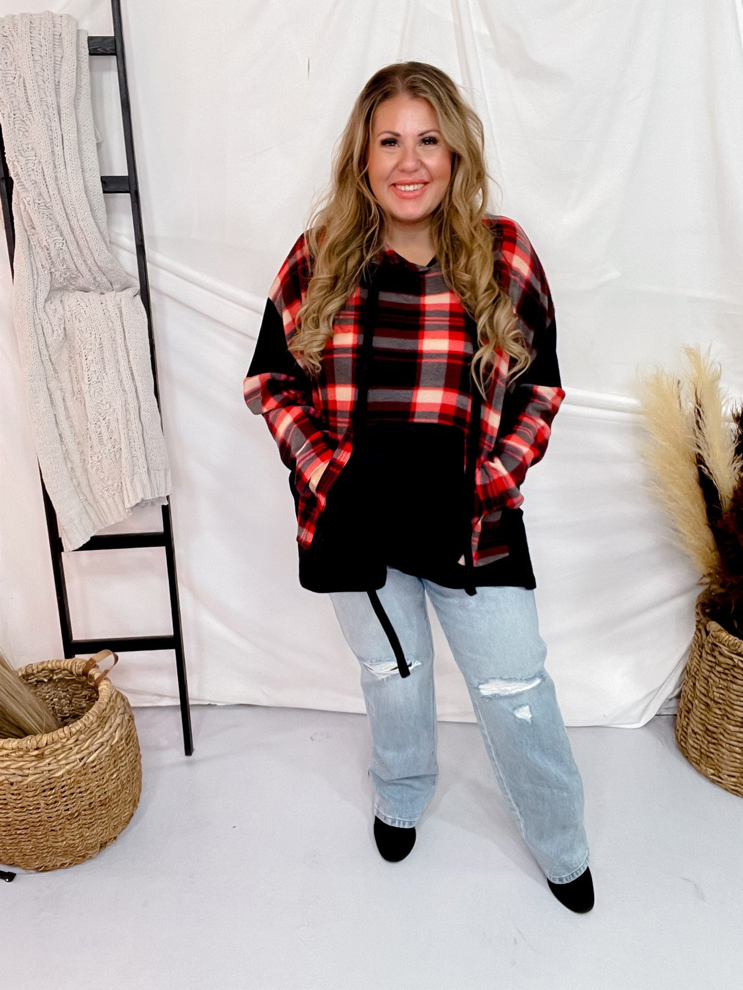 Red and Black Plaid Colorblock Hoodie - Whiskey Skies - WHITE BIRCH