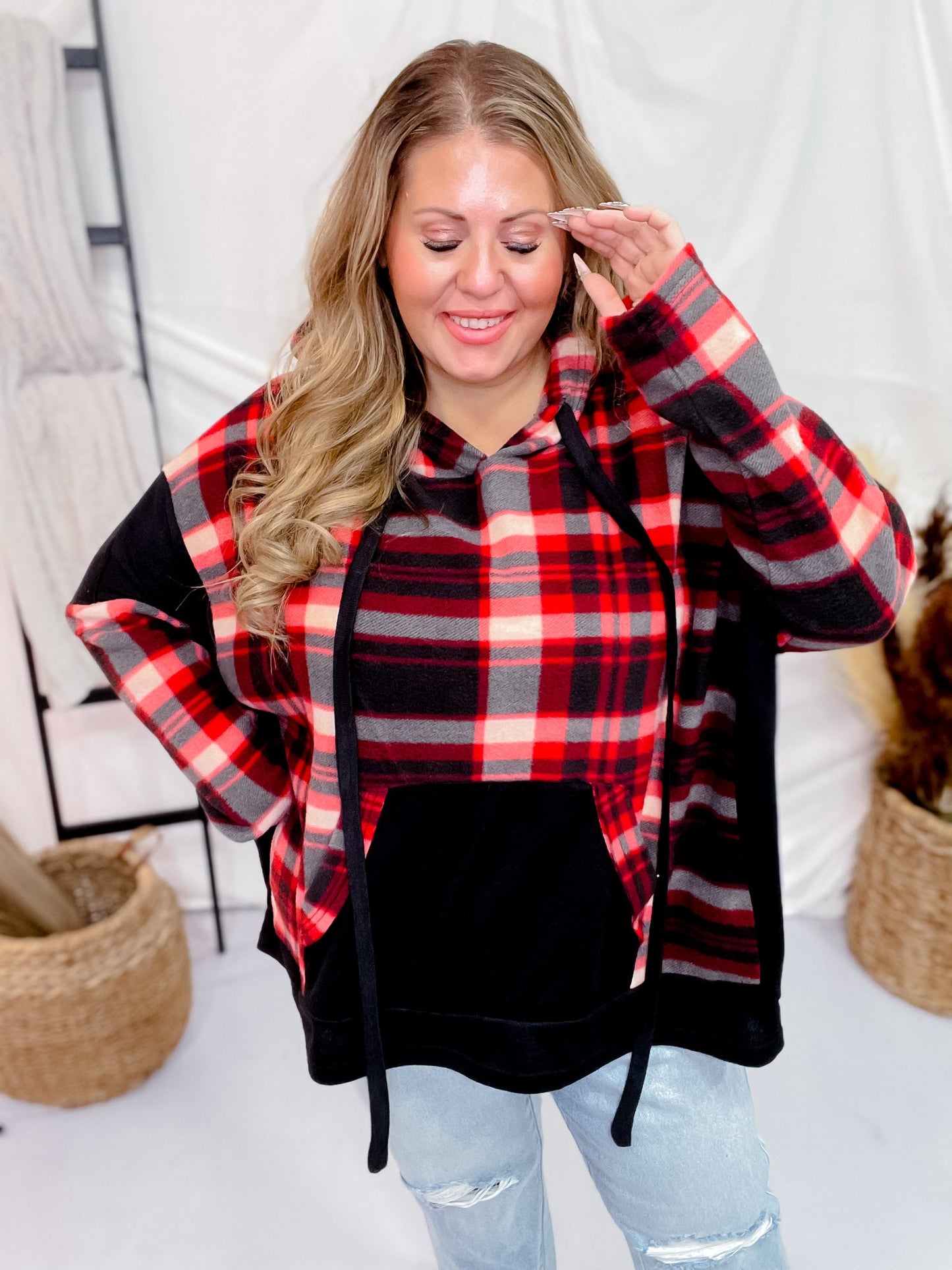 Red and Black Plaid Colorblock Hoodie - Whiskey Skies - WHITE BIRCH