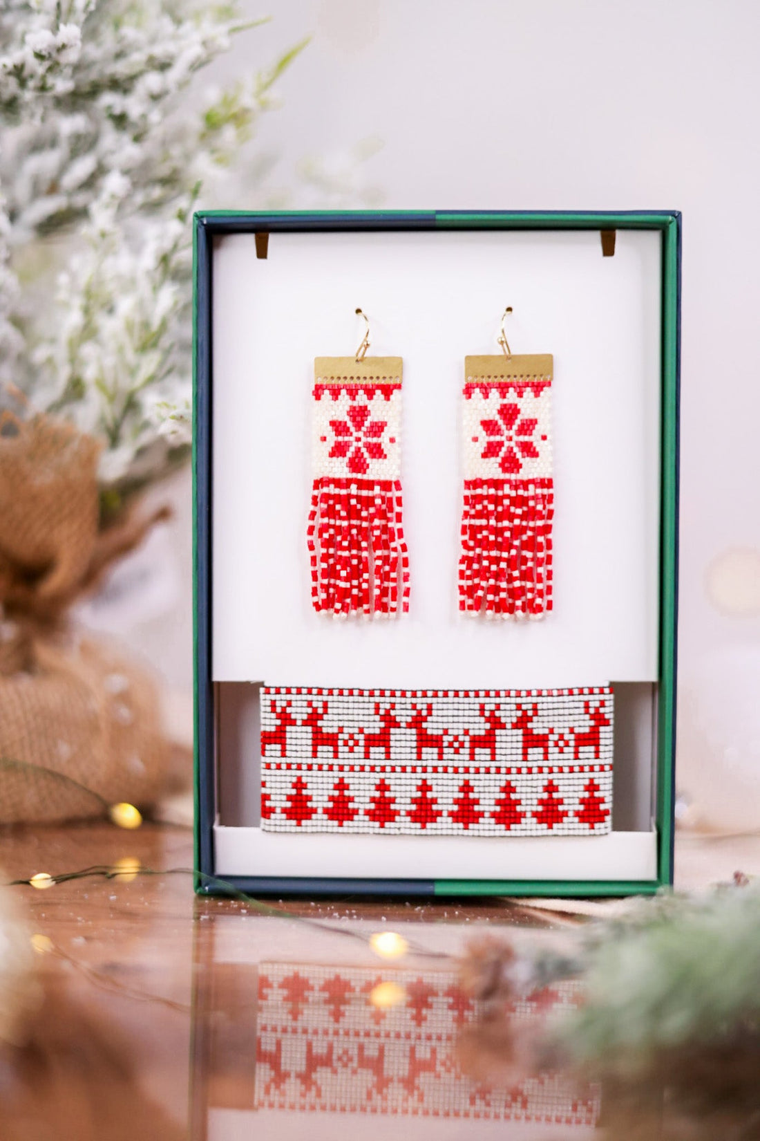 Red and White Beaded Earrings and Bracelet Set - Whiskey Skies - INK+ALLOY